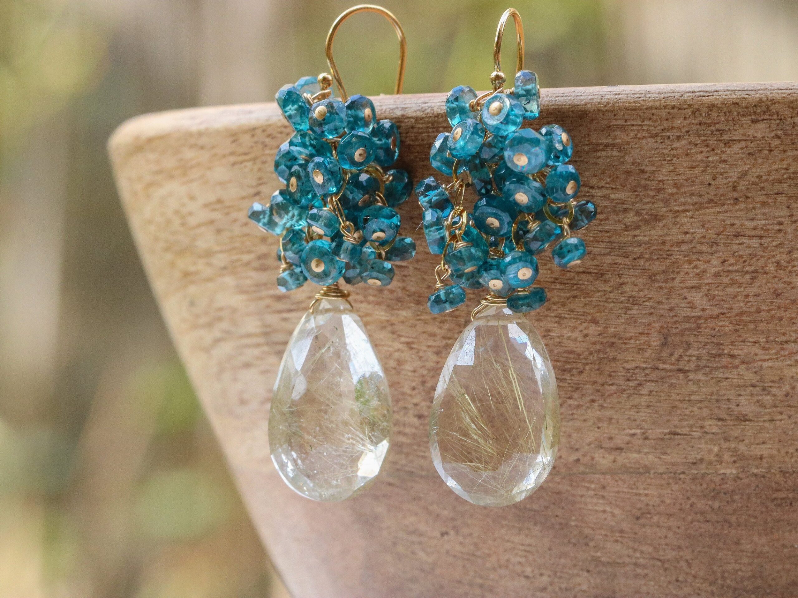 Moss Kyanite Cluster Earrings with Golden Rutilated Quartz in Gold Filled