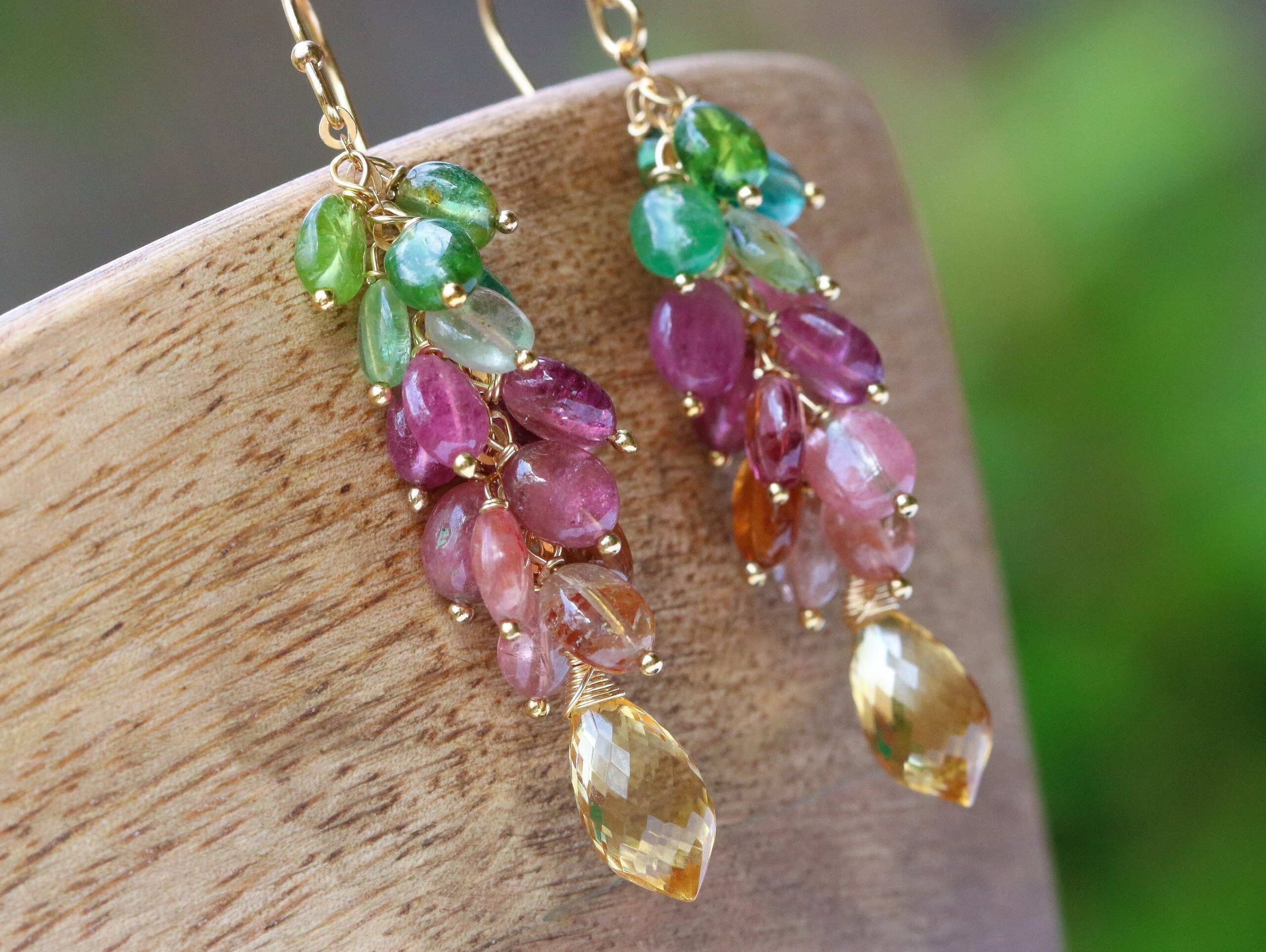 Pink and Green Tourmaline Dangle Earrings with Citrine Briolettes