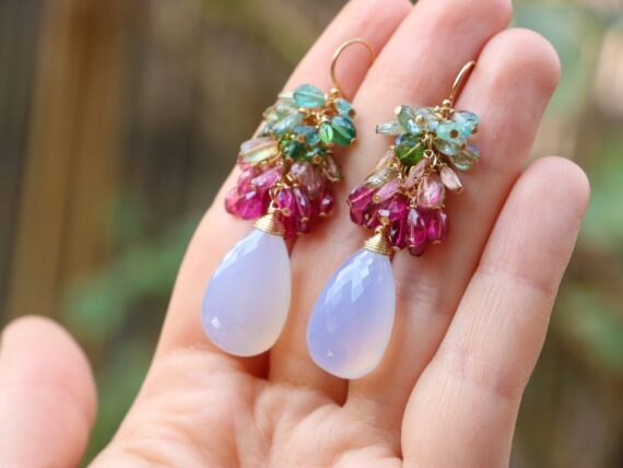 Watermelon Tourmaline Earrings with Natural Lavender Chalcedony