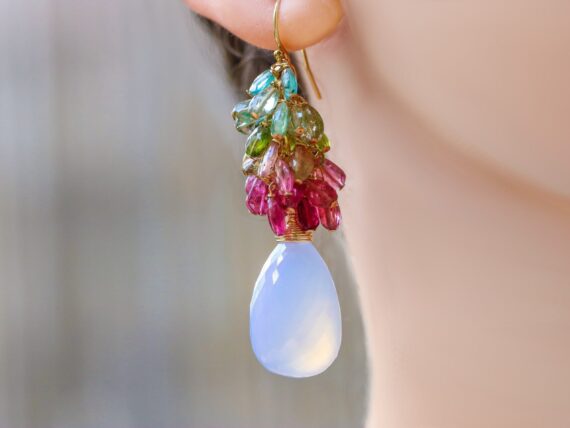 Watermelon Tourmaline Earrings with Natural Lavender Chalcedony