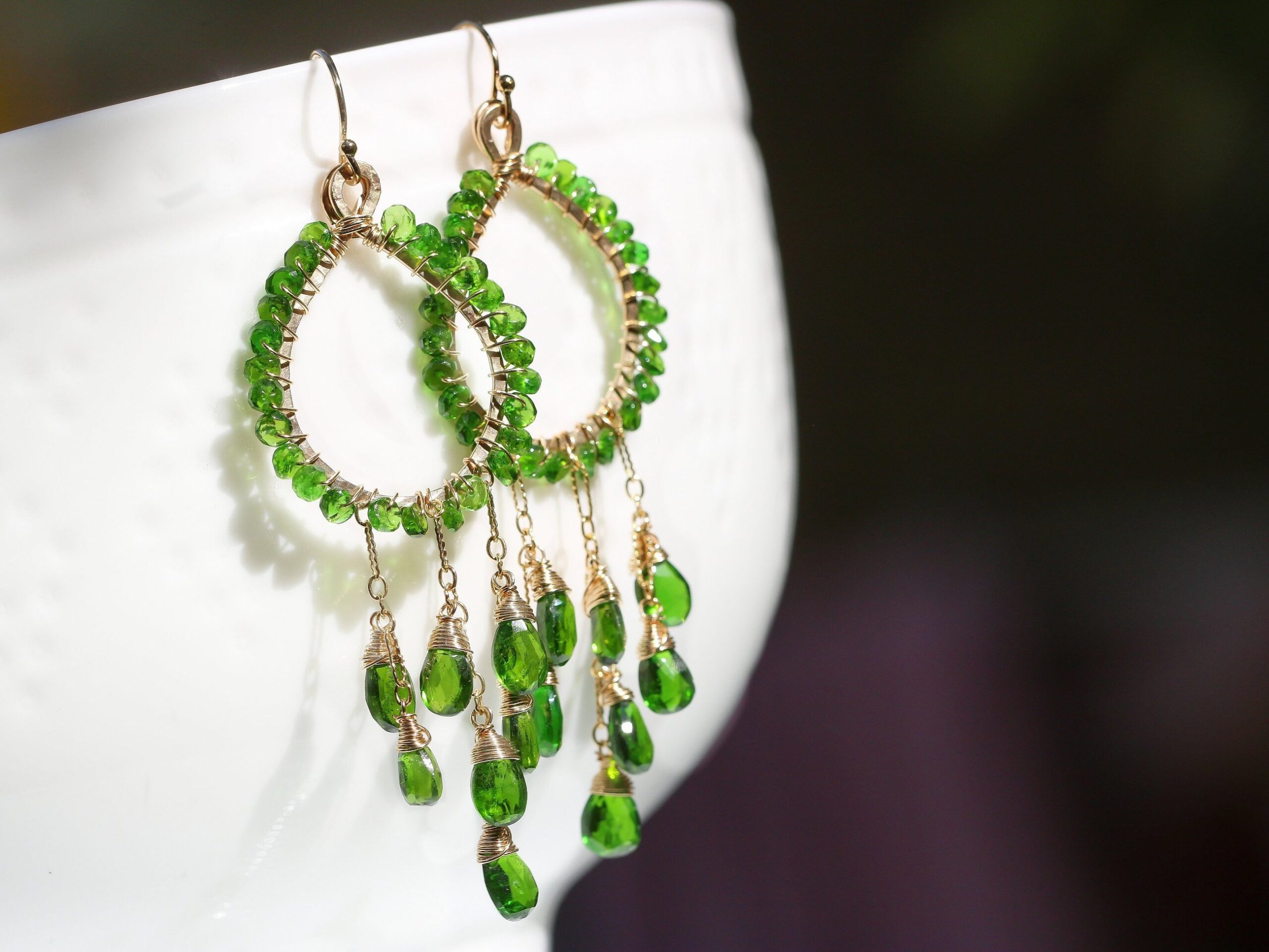 Chrome Diopside Green Chandelier Earrings in Gold Filled, Wire Wrapped Hoop Gemstone Earrings