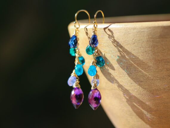 Solid Gold 14K Multi Gemstone Colorful Earrings Wire Wrapped