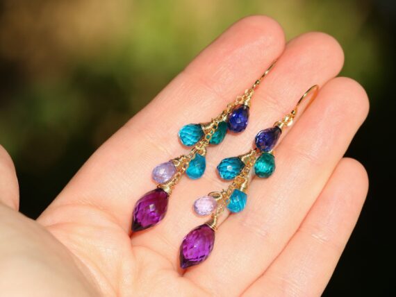Solid Gold 14K Multi Gemstone Colorful Earrings Wire Wrapped