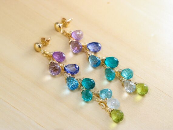 Solid Gold 14K Multi Gemstone Colorful Rainbow Earrings