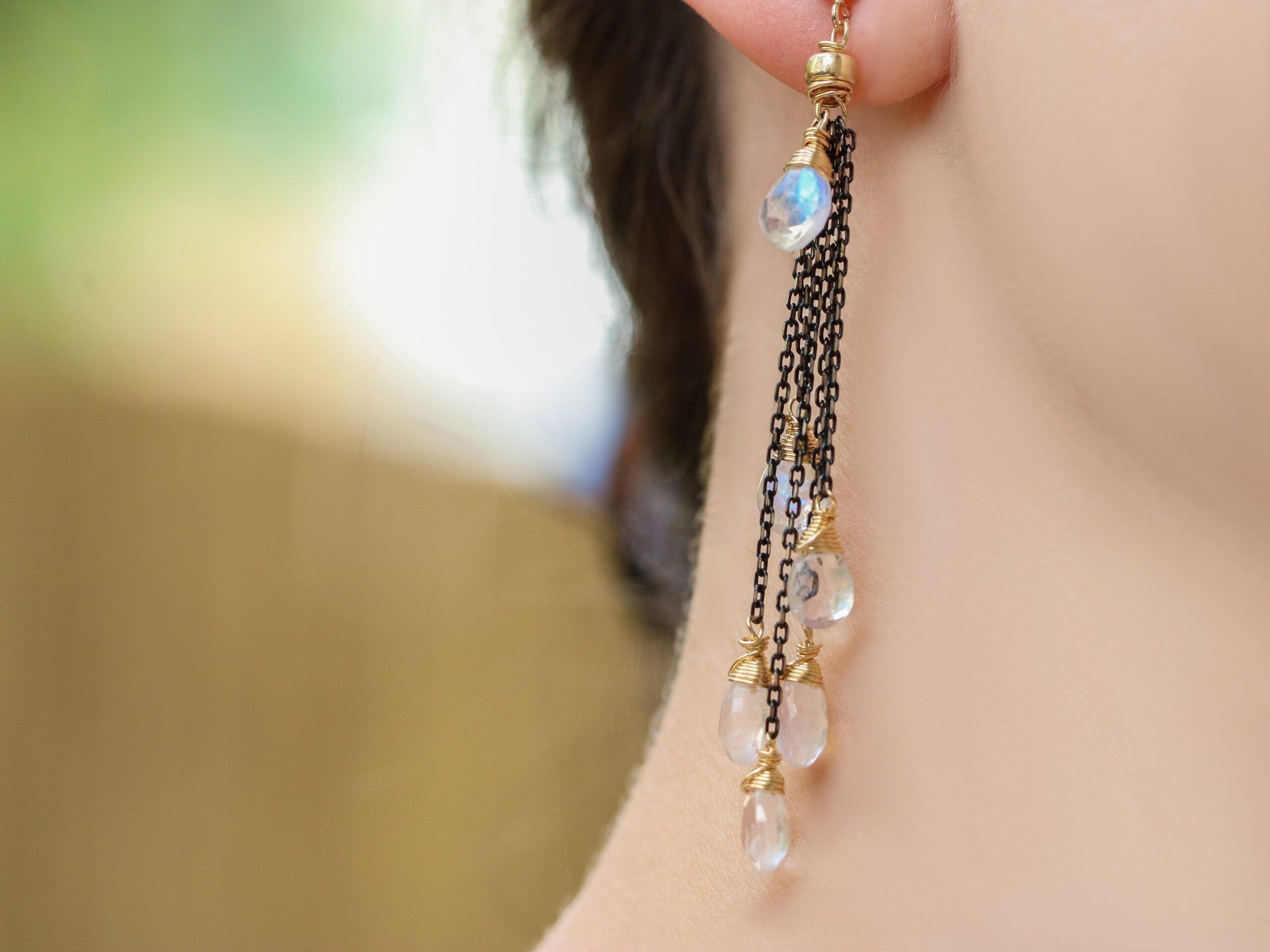 Rainbow Moonstone Earrings with Mixed Metals, Moonstone Cascade Earrings