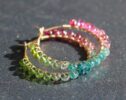 Pink Green and Blue Tourmaline Earrings Wire Wrapped Gemstone Hoop Earrings in Gold Filled