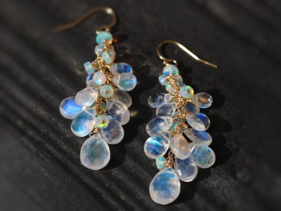 Solid Gold 14K Rainbow Moonstone and Welo Ethiopian Opal Cascade Cluster Earrings, Long Statement Earrings