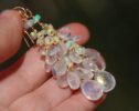 Solid Gold 14K Rainbow Moonstone and Welo Ethiopian Opal Cascade Cluster Earrings, Long Statement Earrings