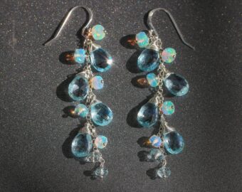 Blue Topaz and Ethiopian Opal Earrings, Cascade Linear Earrings