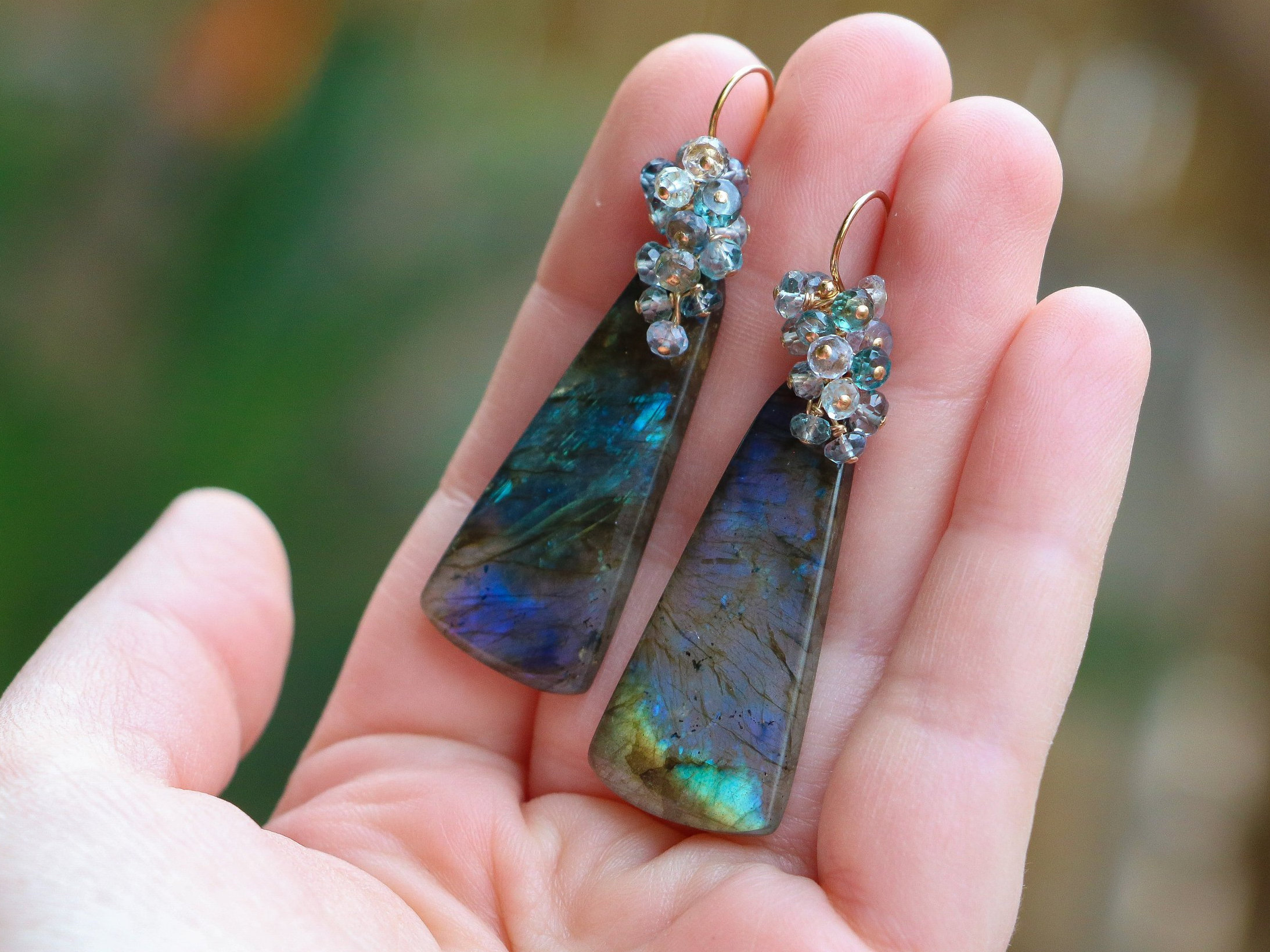 Large Labradorite Earrings with Blue Spinel, Gemstone Earrings in 14K Gold Filled, One of a Kind