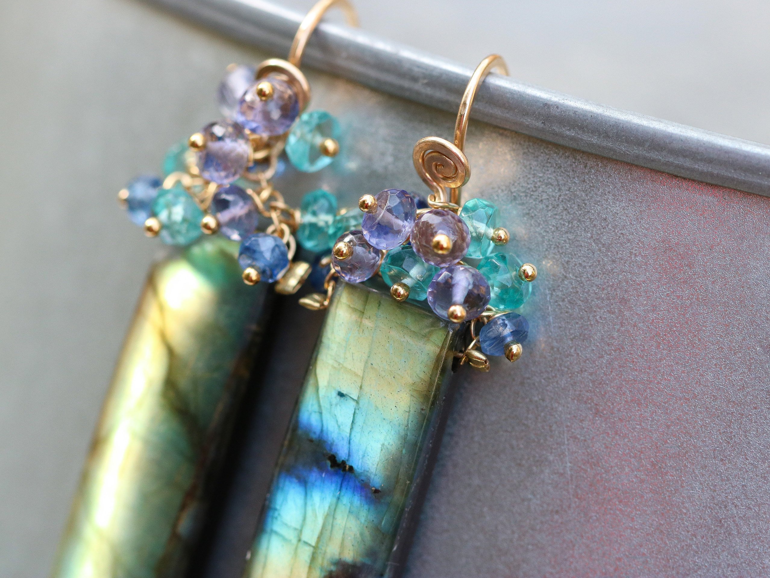Large Rectangle Labradorite Earrings, Cluster Earrings, Gemstone Earrings in 14K Gold Filled