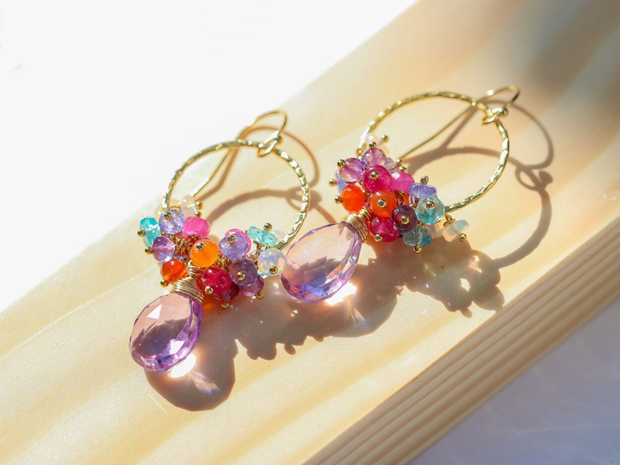 Pink Amethyst Multi Gemstone Dangle Hoop Earrings in Gold Filled - Valltasy