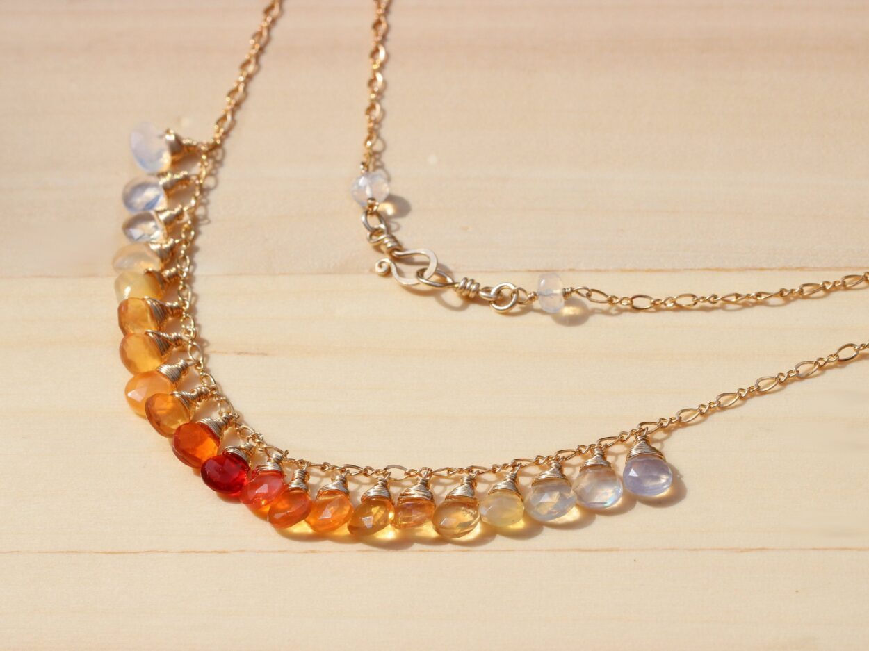 Solid Gold 14K Mexican Fire Opal Orange Gemstone Ombre Necklace - Valltasy