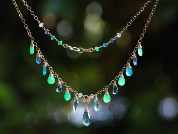Moss Kyanite with Blue Topaz, Chrysoprase and Kyanite Gold Filled Drop Necklace