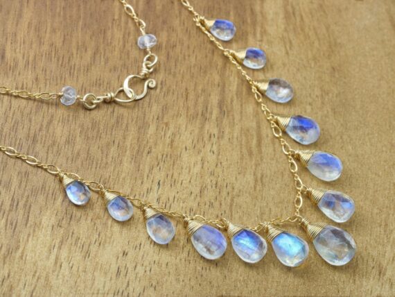 Solid Gold 14K Rainbow Moonstone Necklace, Drop Necklace, Statement Necklace