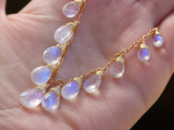 Solid Gold 14K Rainbow Moonstone Necklace, Drop Necklace, Statement Necklace