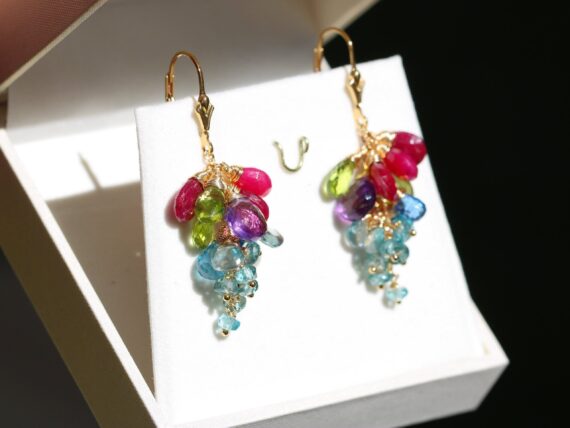 Solid Gold 14K Semi Precious Gemstone Earrings, Short Cluster Earrings