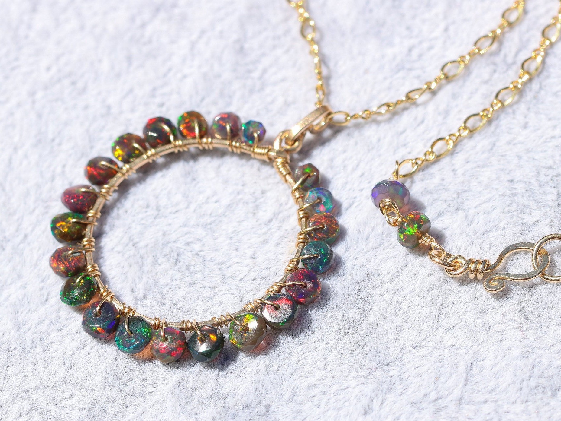 Black Opal Wire Wrapped Gemstone Hoop Pendant in Gold Filled