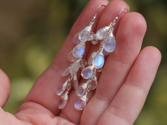 Rainbow Moonstone Earrings, Blue Fire Moonstone Dangle Earrings