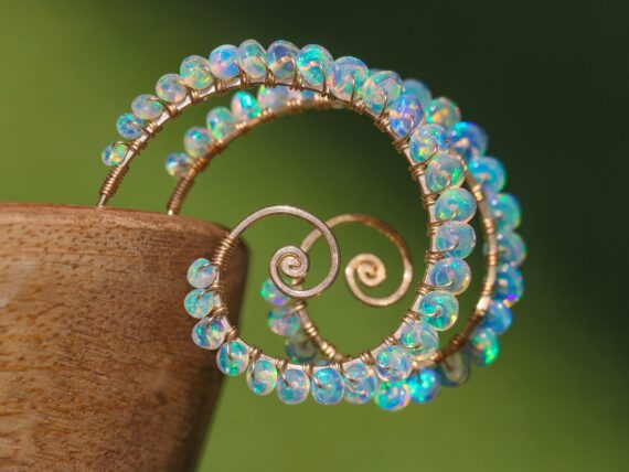Solid Gold 14K Ethiopian Opal Wire Wrapped Spiral Hoop Earrings, Genuine Welo Opal Earrings