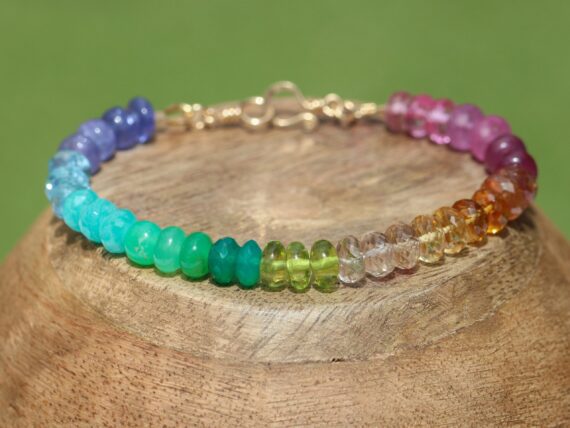 Solid Gold 14K Rainbow Bracelet with Precious Gemstones, Colorful Multi Gemstone Bracelet