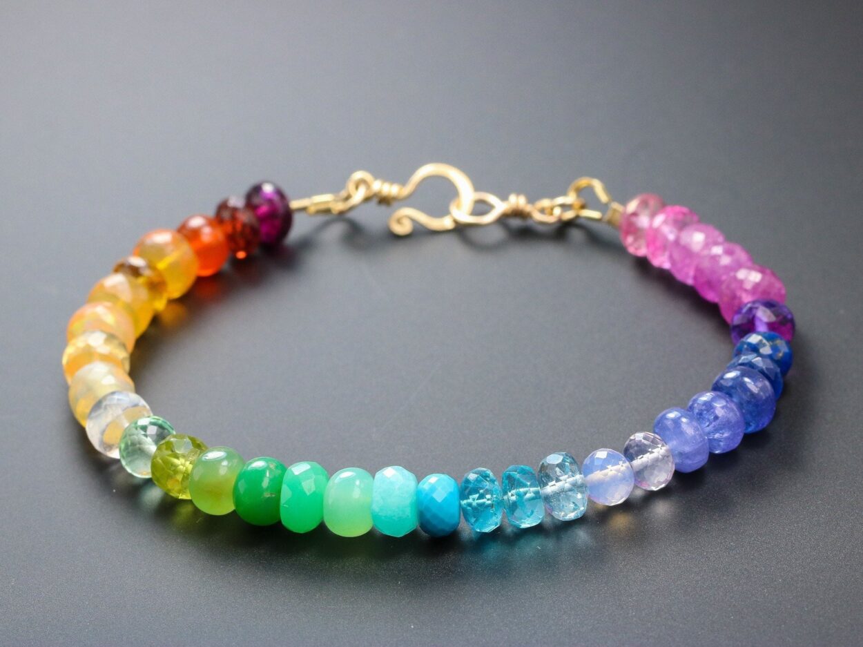 Solid Gold 14K Rainbow Gemstone Bracelet with Precious Stones, Colorful ...