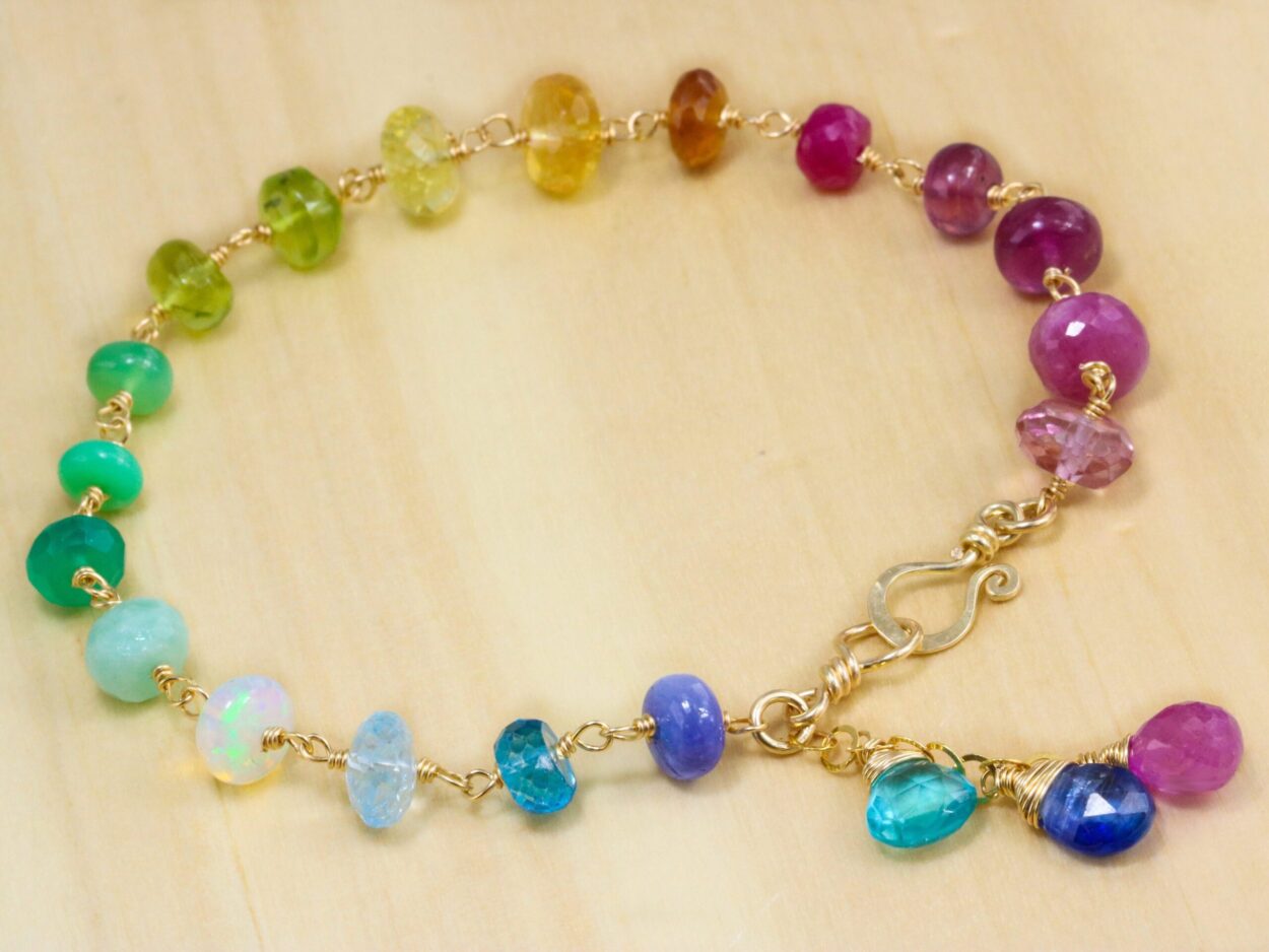 Solid Gold 14K Rainbow Precious Gemstone Wire Wrapped Bracelet Valltasy