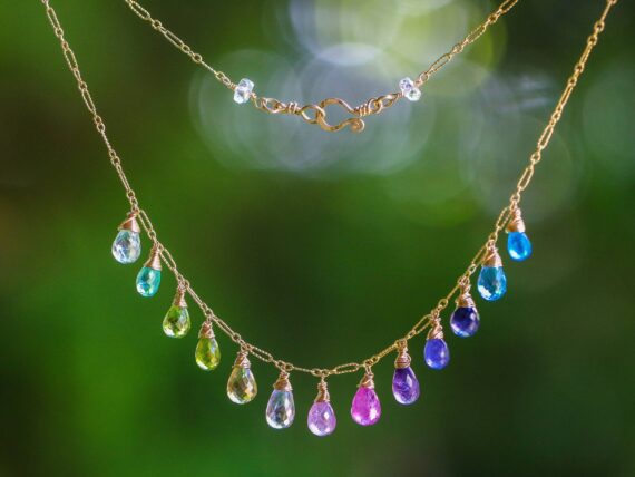 Multi Gemstone Colorful Rainbow Necklace in Gold Filled