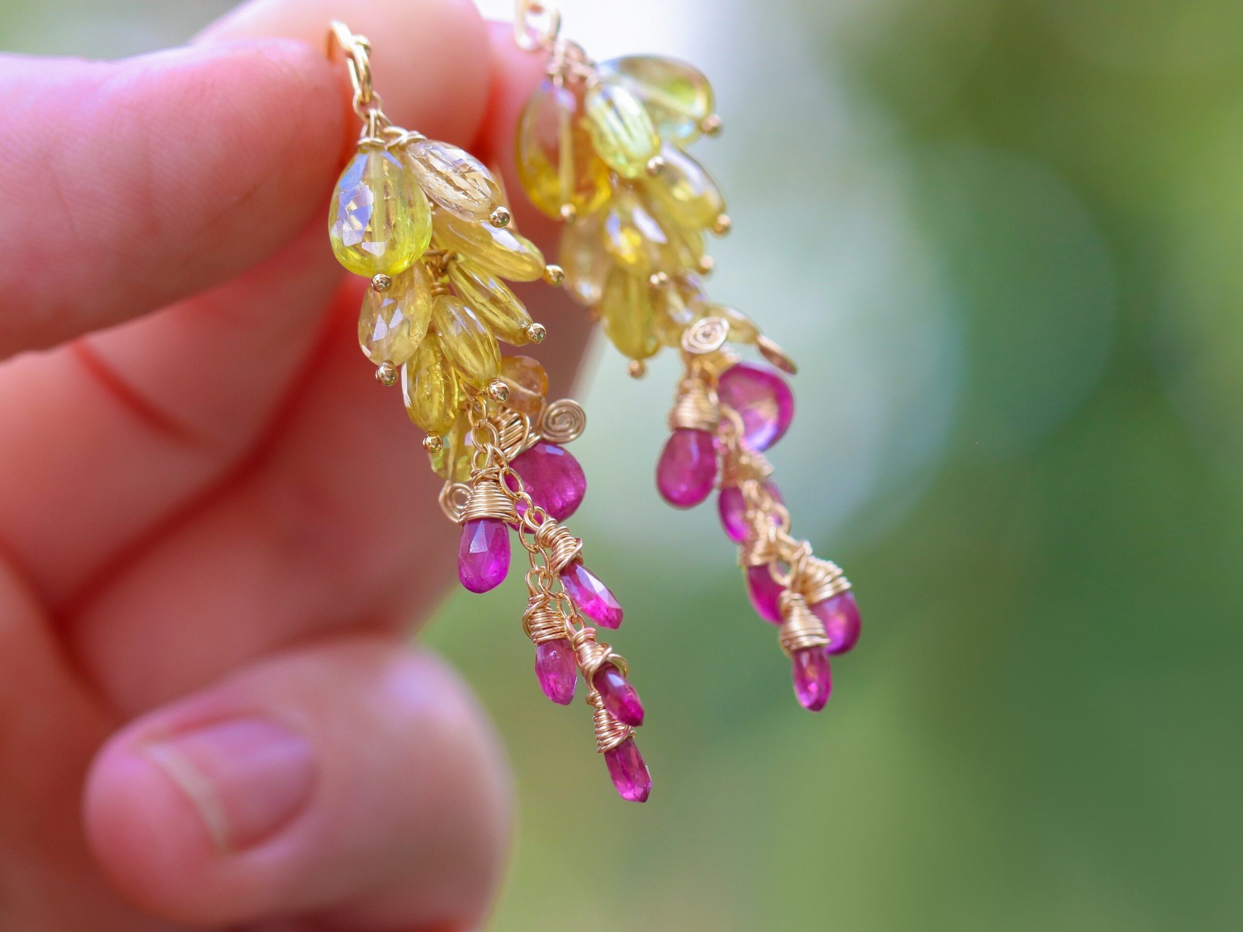 Rubellite Pink and Yellow Tourmalne Earrings, Precious Cluster Earrings in Gold Filled