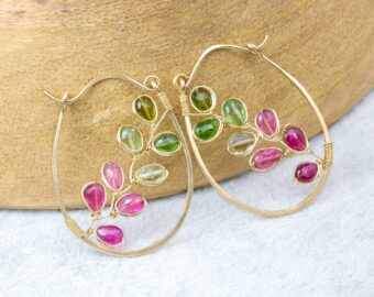 Tourmaline Hoop Earrings, Tourmaline Vines Wire Wrapped in Gold Filled