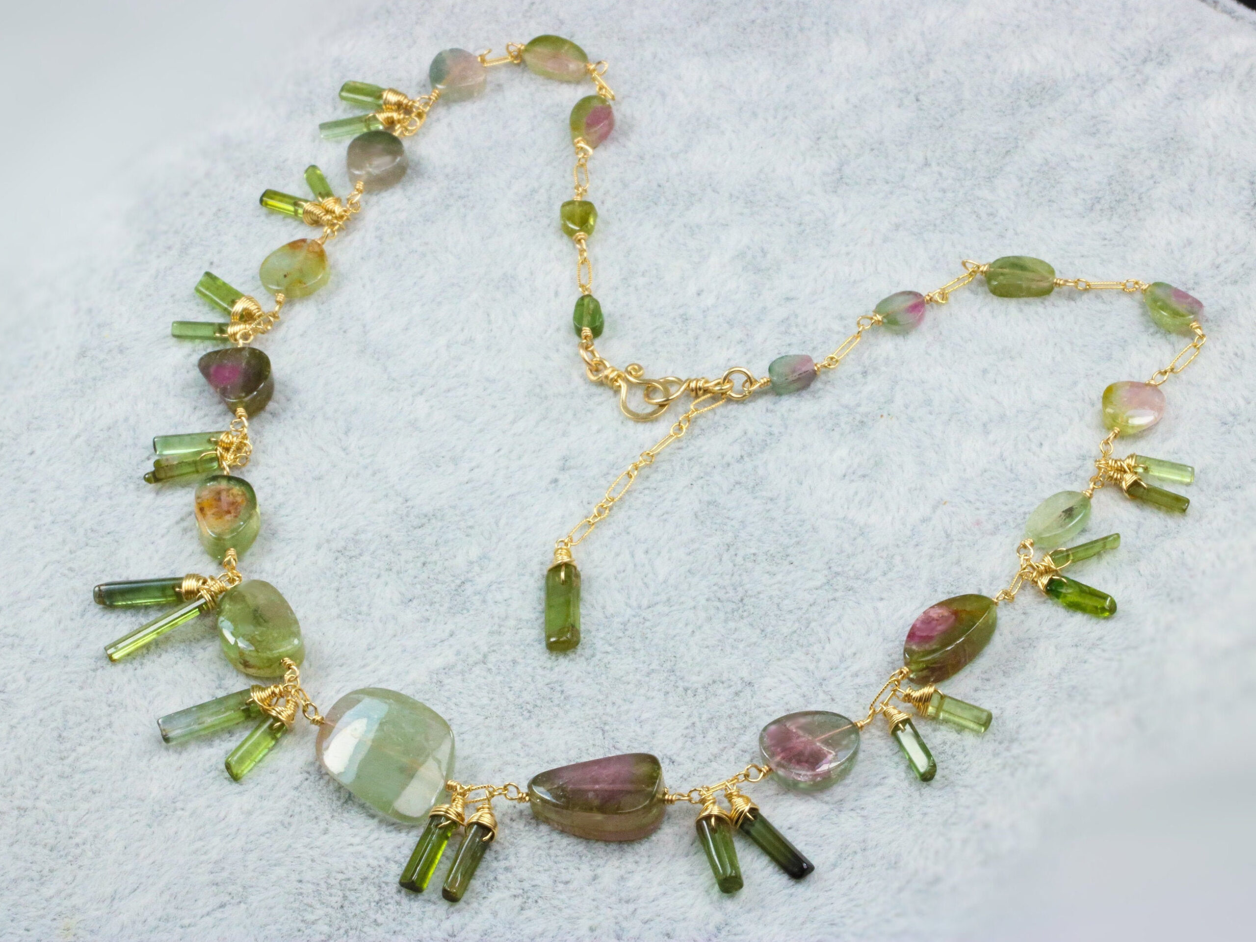 Watermelon Tourmaline Necklace in Gold Filled, Green Tourmaline Slice Necklace, One of a Kind