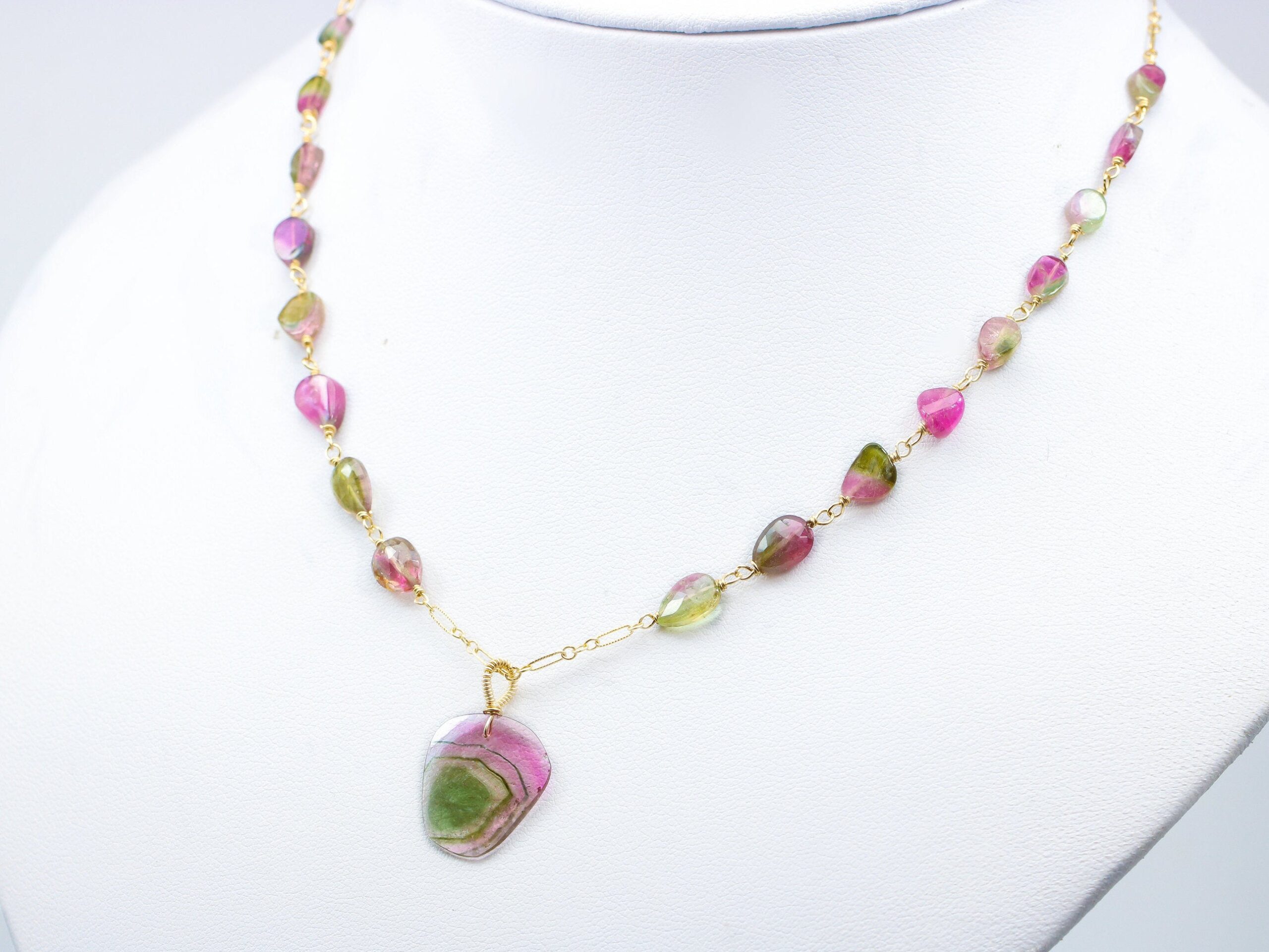 Watermelon Tourmaline Slice Necklace Wire Wrapped in Gold Filled, Statement Necklace One of a Kind