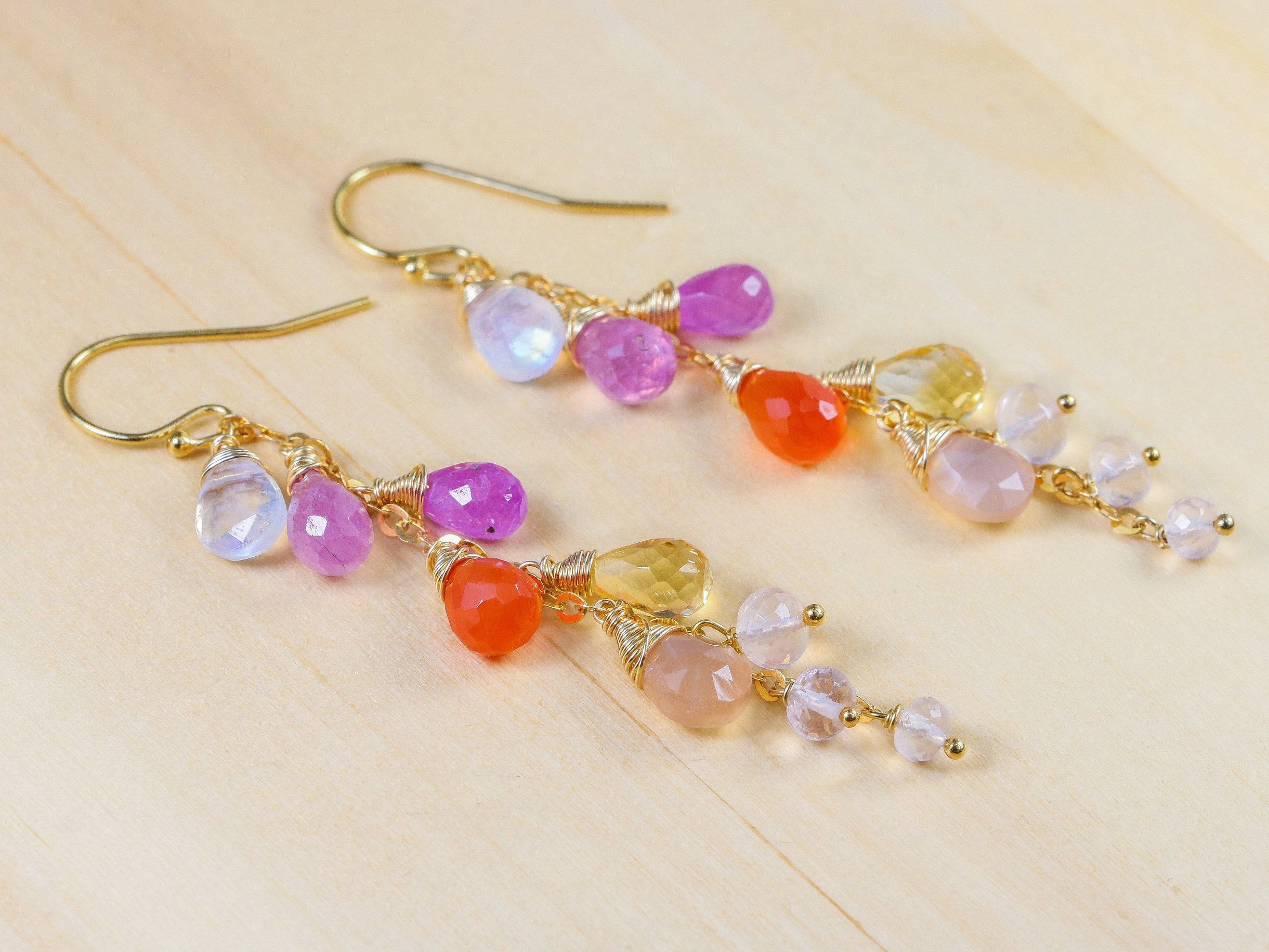 Multi Gemstone Pink Orange Gemstone Earrings Wire Wrapped in Gold Filled