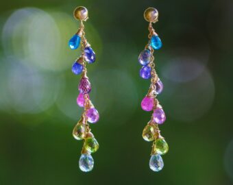 Solid Gold 14K Multi Gemstone Colorful Rainbow Drop Earrings, Linear Long Earrings