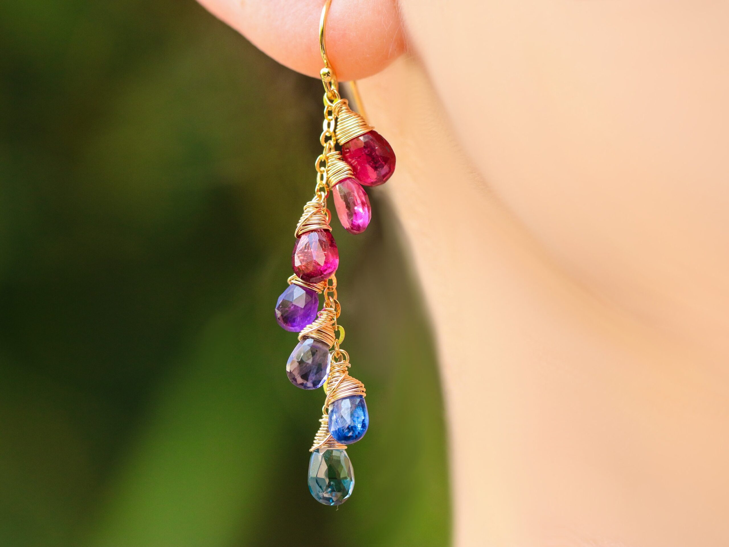 Solid Gold 14K Multi Gemstone Colorful Rainbow Earrings Wire Wrapped