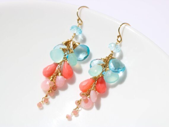 Solid Gold 14K Pink Coral with Pink Opal and Blue Topaz Dangle Earrings