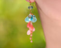 Solid Gold 14K Pink Coral with Pink Opal and Blue Topaz Dangle Earrings