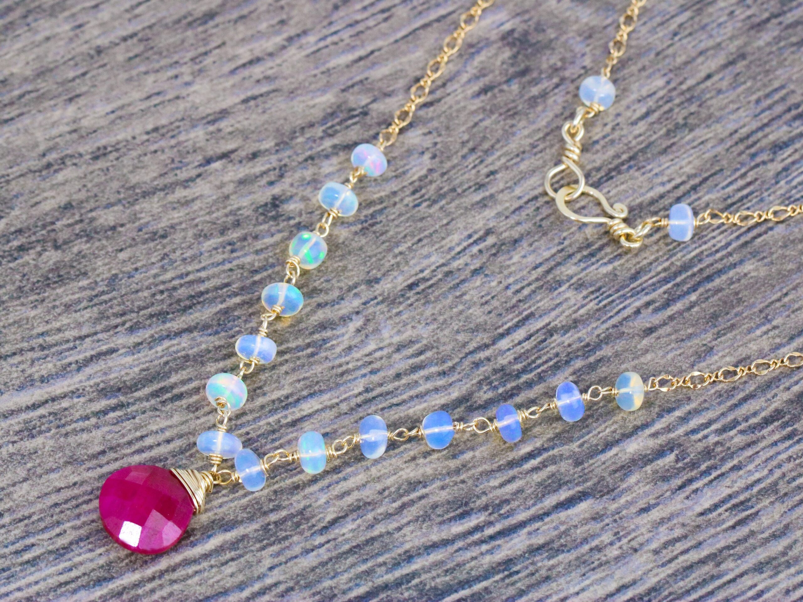 Solid Gold 14K Red Ruby with Ethiopian Opal Necklace