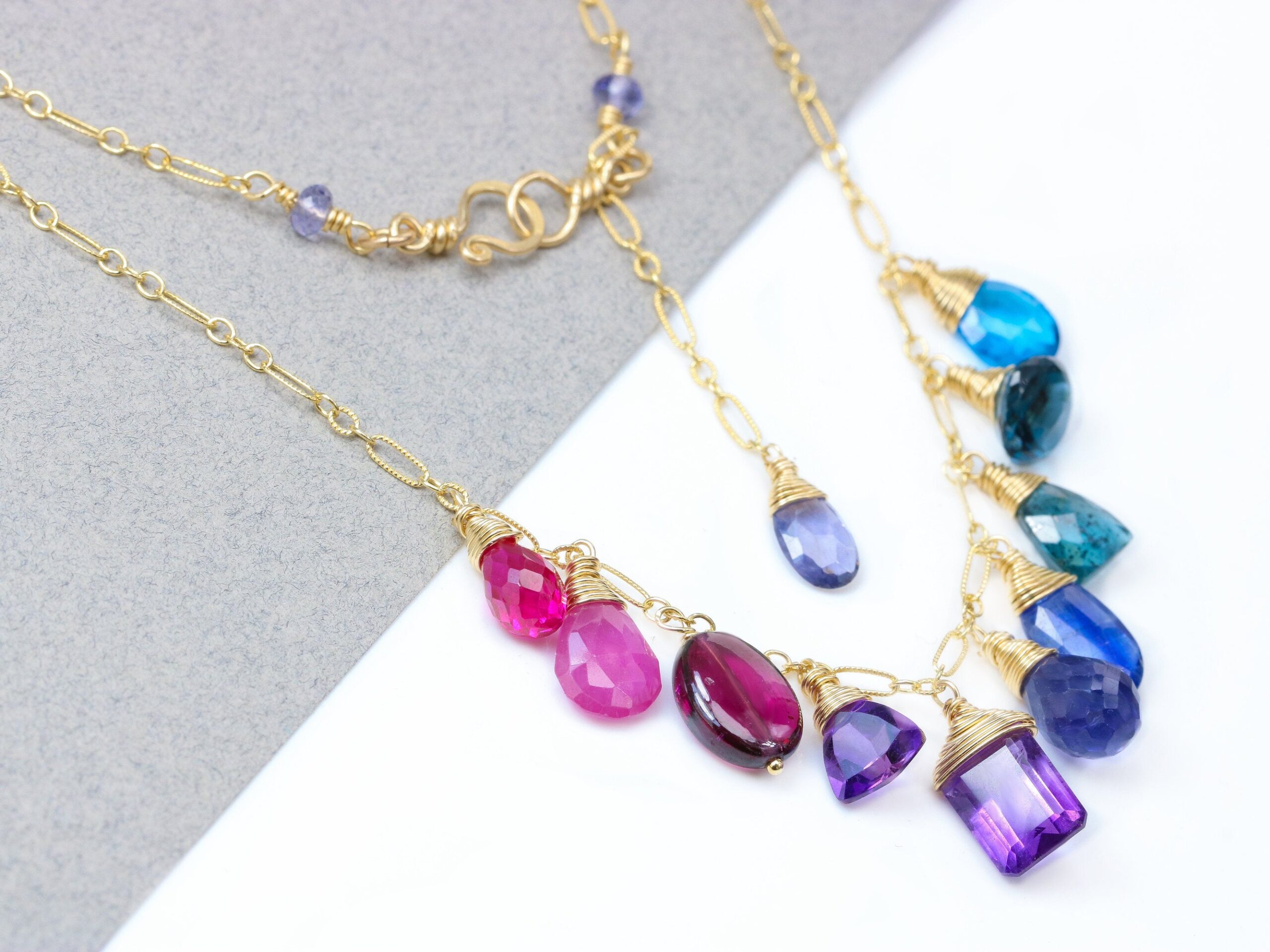 Solid Gold 14K Semi Precious Gemstone Necklace, Pink Purple Drop Necklace
