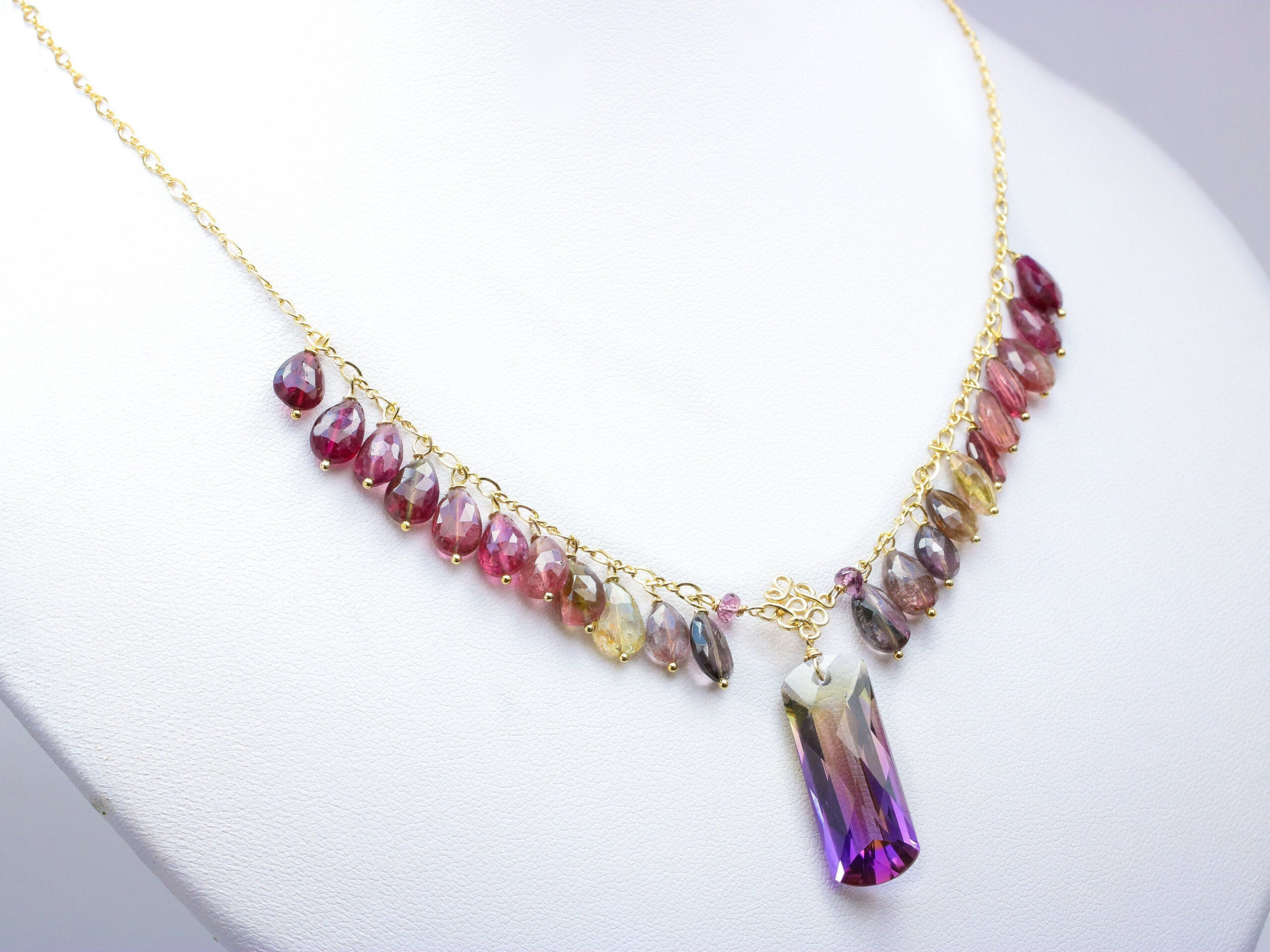 Ametrine Necklace with Magenta Tourmaline, Statement Necklace in Gold Filled