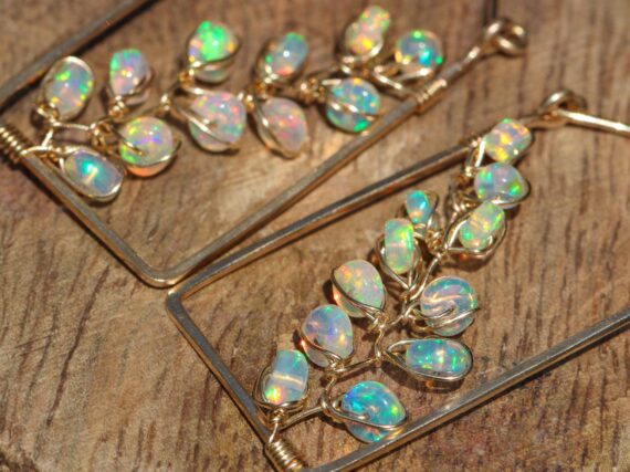 Ethiopian Opal Rectangle Hoop Earrings, Welo Opal Modern Hoops
