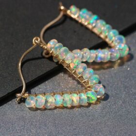 The Triangle Earrings – Ethiopian Opal Wire Wrapped Hoop Earrings, Gemstone Welo Opal Triangle Earrings