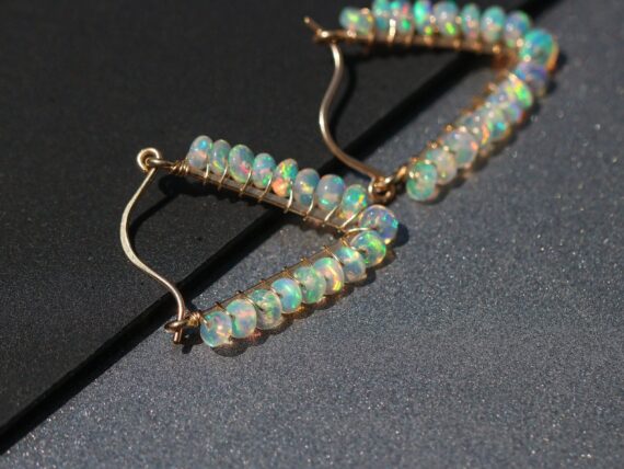 Ethiopian Opal Wire Wrapped Hoop Earrings, Gemstone Welo Opal Triangle Earrings