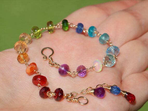 Rainbow Gemstone Bracelet Wire Wrapped in Gold Filled, Precious Multi Stone Bracelet