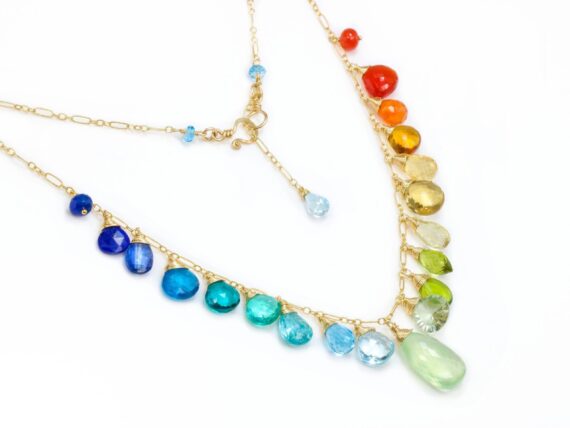 Rainbow Multi Gemstone Necklace in Gold Filled, Precious Drop Necklace