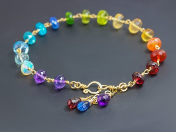 Solid Gold 14K Rainbow Precious Gemstone Wire Wrapped Bracelet