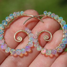 The Sea Shell Earrings – Ethiopian Opal Wire Wrapped Spiral Hoop Earrings, Genuine Welo Opal Earrings