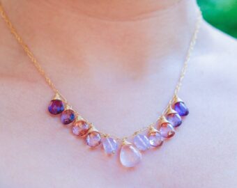 Pink Purple Gemstone Necklace in Gold Filled with Rose Quartz, Pink Topaz and Amethyst