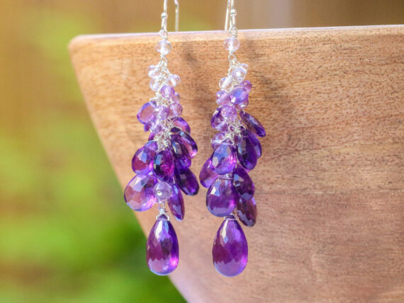 Purple Amethyst Earrings Cascade, Long Cluster Gemstone Earrings