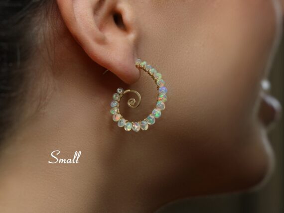 Ethiopian Opal Wire Wrapped Spiral Hoop Earrings, Genuine Welo Opal Earrings